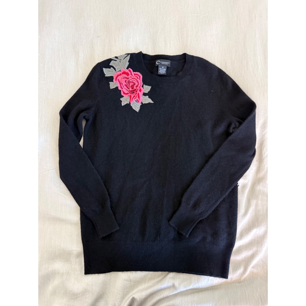 C by Bloomingdale's Black‎ Cashmere Rose Embroidered Sweater XS